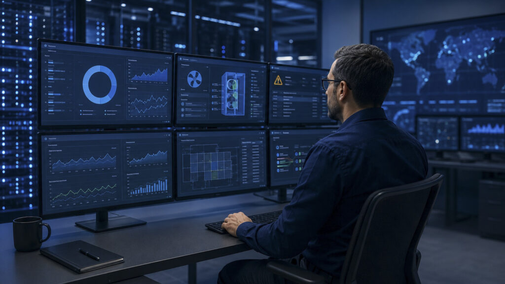 Centro operativo per il monitoraggio energetico di un data center con dashboard e indicatori di performance