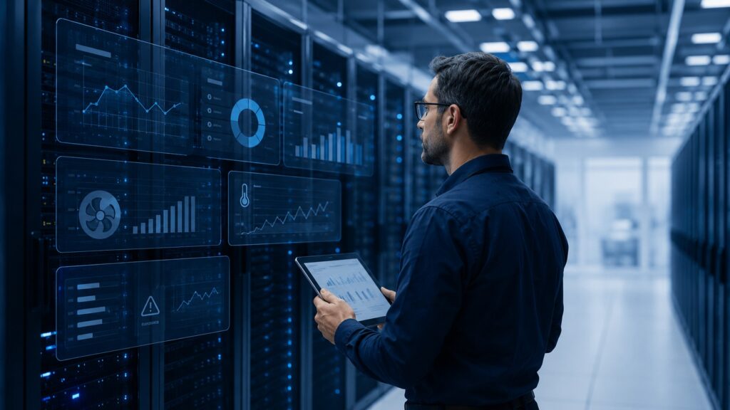 Tecnico in un data center monitora consumi energetici e performance degli impianti su dashboard digitali