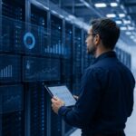 Tecnico in un data center monitora consumi energetici e performance degli impianti su dashboard digitali