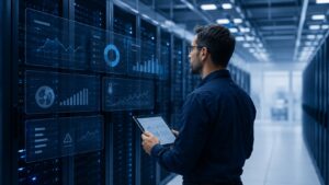 Tecnico in un data center monitora consumi energetici e performance degli impianti su dashboard digitali