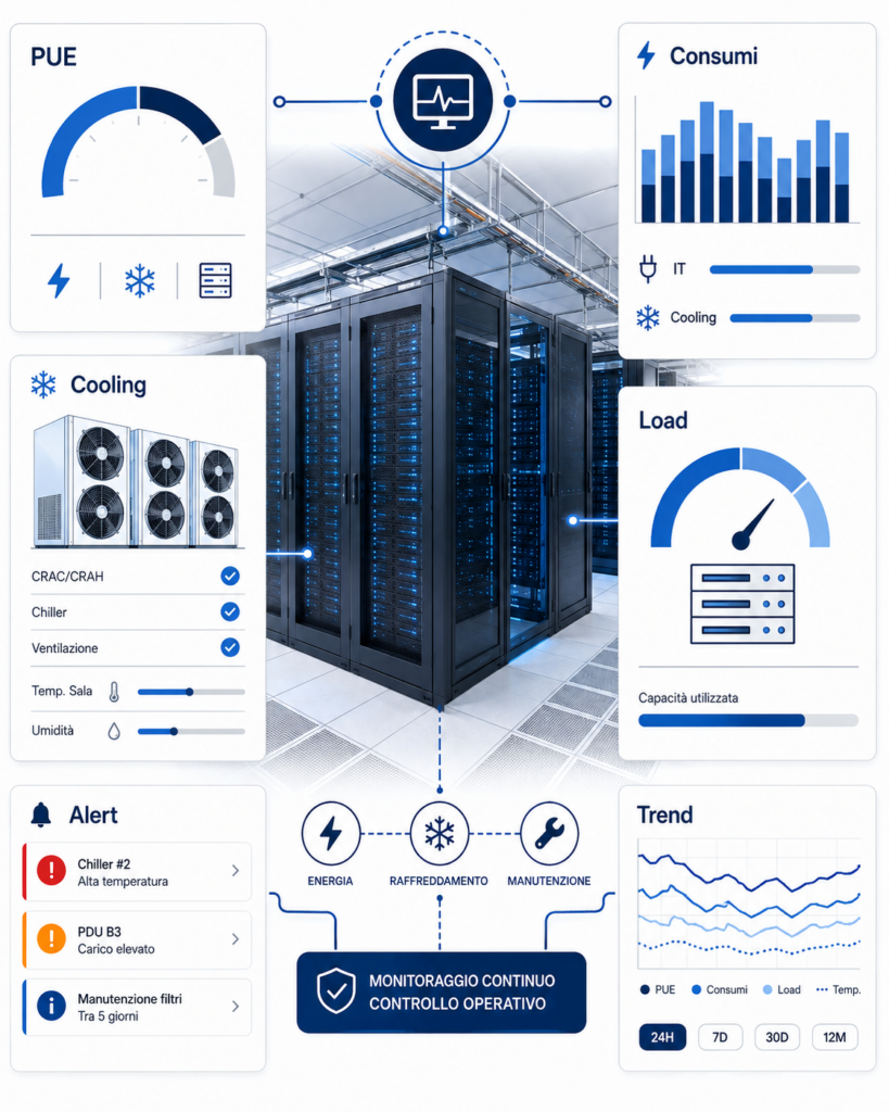 Infografica tecnica sul monitoraggio continuo di PUE, consumi, cooling, load, alert e trend nei data center