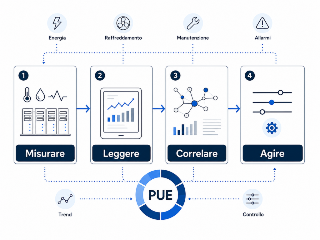 Infografica sul percorso dal dato energetico al controllo operativo nei data center