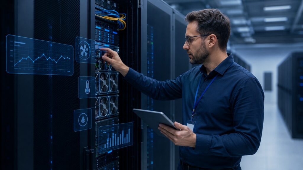 Tecnico verifica dati di raffreddamento e manutenzione su un rack in un data center
