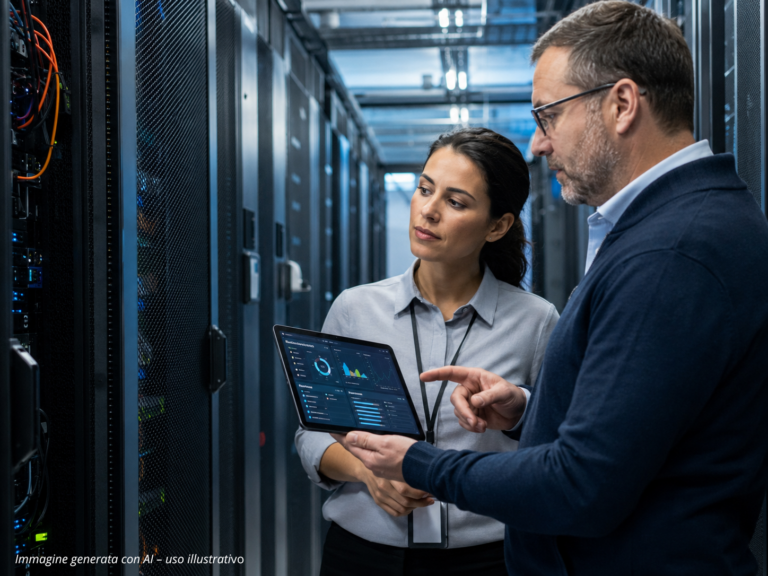 Responsabili tecnici analizzano dati e performance degli impianti in un data center